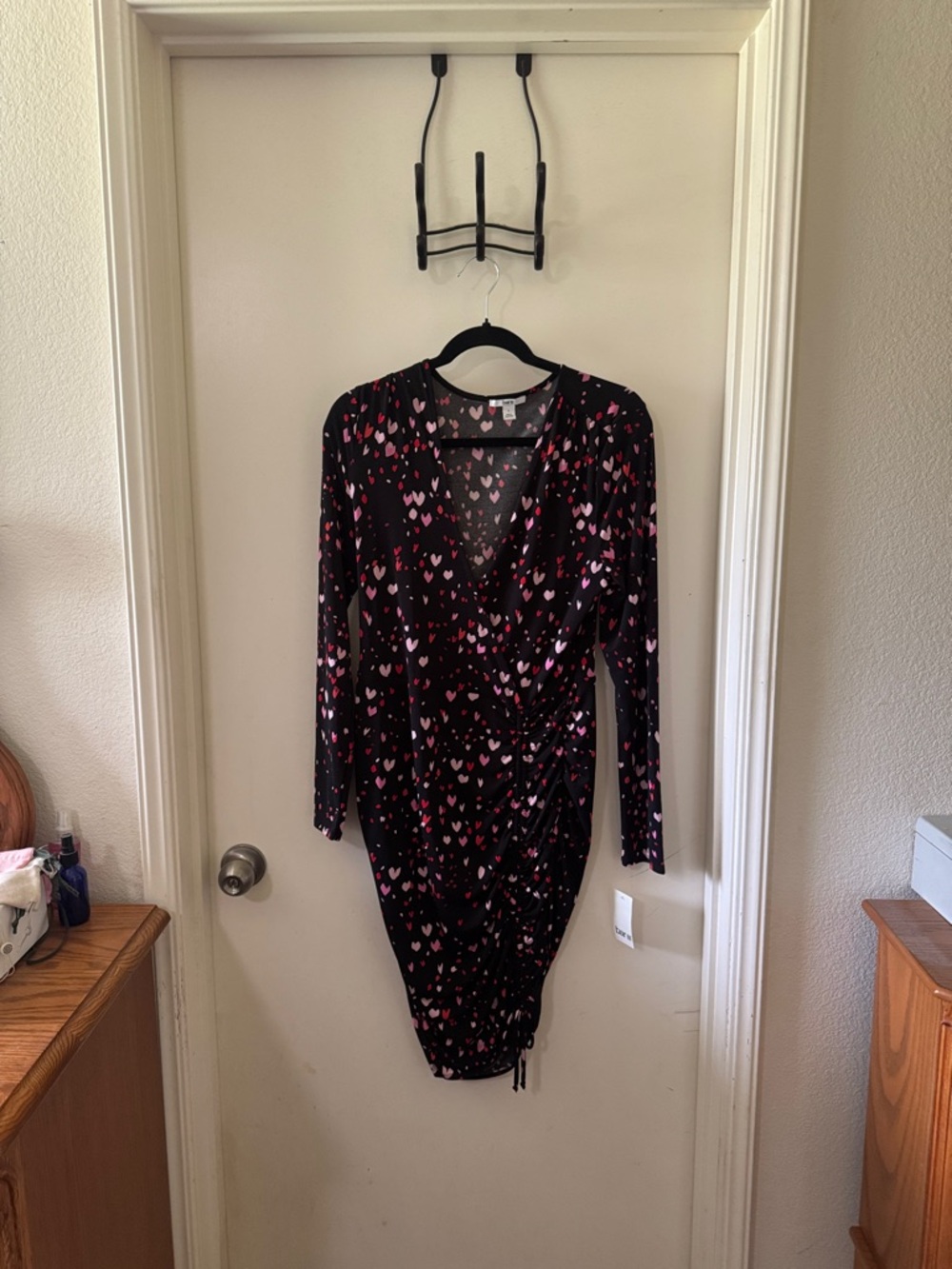 Bar III Black Long-Sleeve Wrap Dress with Pink Heart Print size L